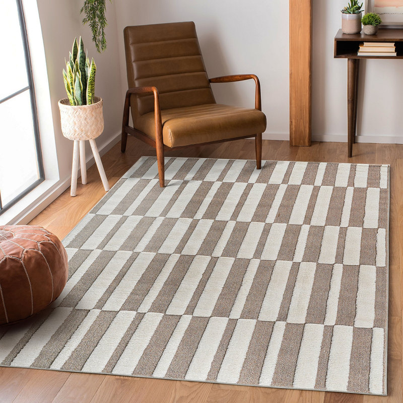 Step Collection High-Low Striped Beige/Cream Indoor Area Rug, 6'7''X9', Modern, Contemporary, Geometric, Bohemian, Bedroom, Kitchen, Living Room, Non Shedding Carpet