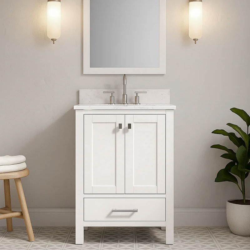 Meuble-lavabo simple 24 po avec plateau en marbre d'ingénierie, Blanc