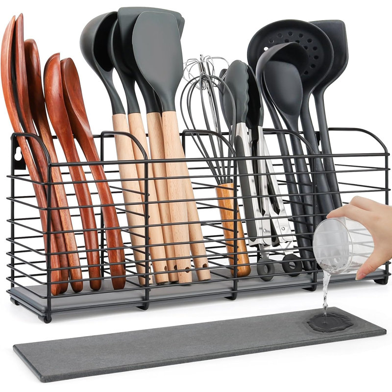 Grand porte-ustensiles de cuisine à 4 compartiments avec base en terre de diatomées 15,7 po x 6,7 po x 4,4 po