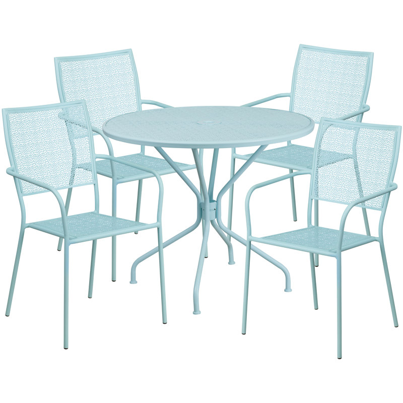 Amaaya 35.25'' Round Indoor-Outdoor Steel Patio Table Set with Square Back Chairs, Sky Blue, 5 Pieces: Table, 4 Chairs