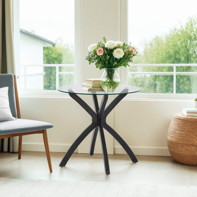 Table de salle à manger ronde avec plateau en verre trempé et pieds en bois massif