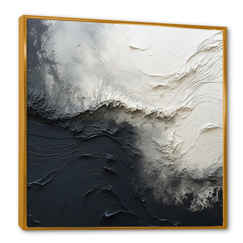 Minimalisme, peinture noire et blanche, vague I - art mural encadré bord de mer, H 36 po x l 36 po x P 1,5 po