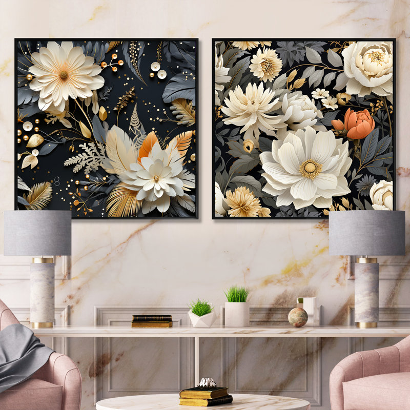 Gomer - Ensemble de 2 collages carrés floraux, Cadre flottant noir, H 16 po x l 33 po