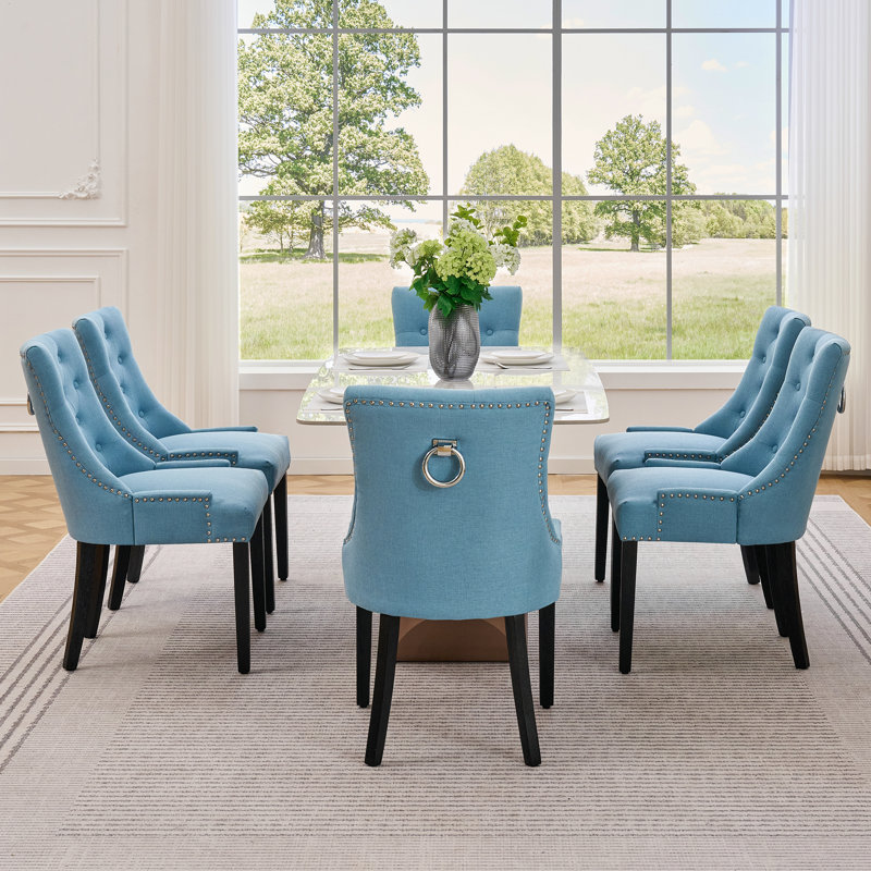 Linen Upholstered Solid Wood Dining Chairs (Set Of 2), Light Blue, Black