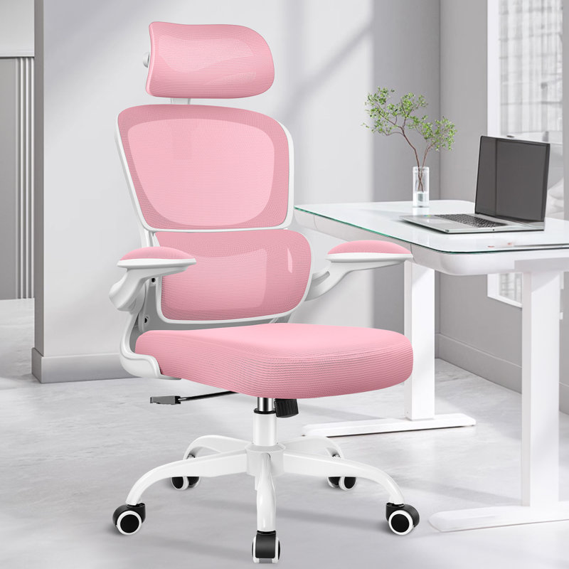 Lidwien Ergonomic Breathable Mesh Office Chair with Adjustable Headrest and Flip-Up Arms, White/Pink