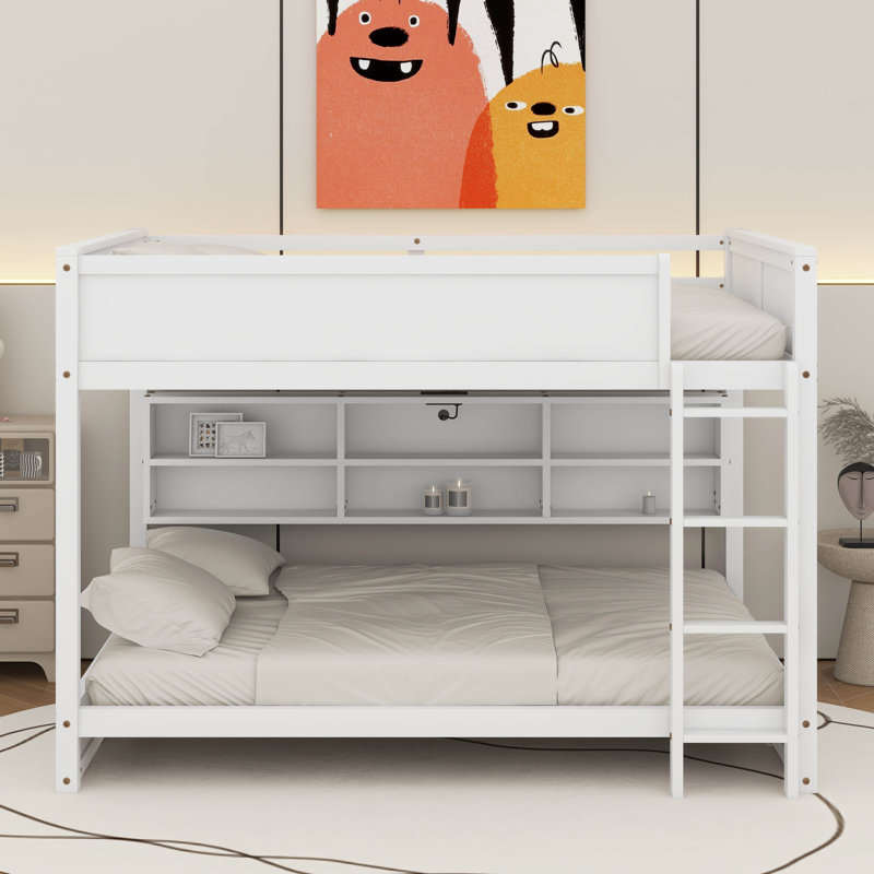 Queen Over Queen Bunk Bed With Built-In Storage Cabinets,Charging Station,Ladder And Safety Guardrails, White