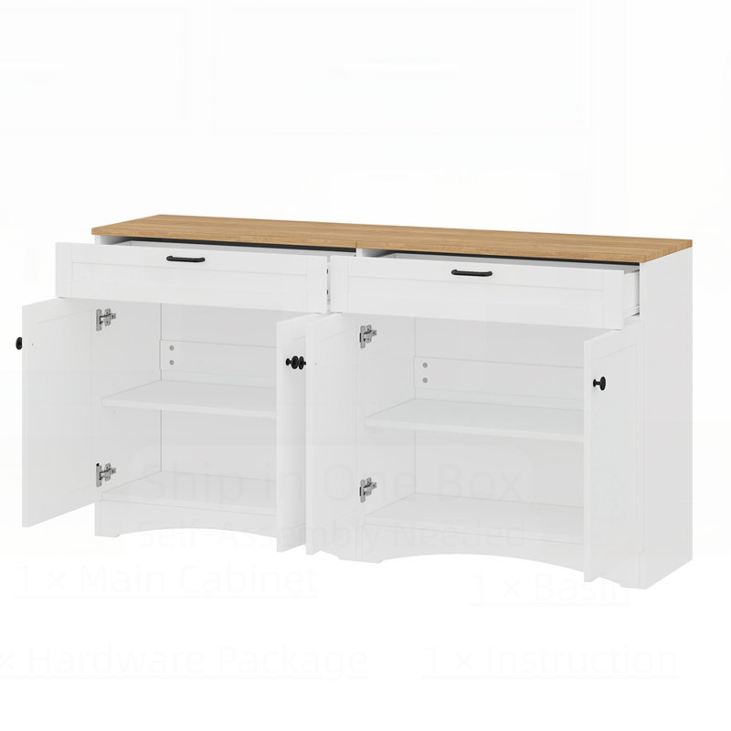 TV Stand with 2 Drawers for TVs with Adjustable Shelves with Rustic Handles for Living Room, White