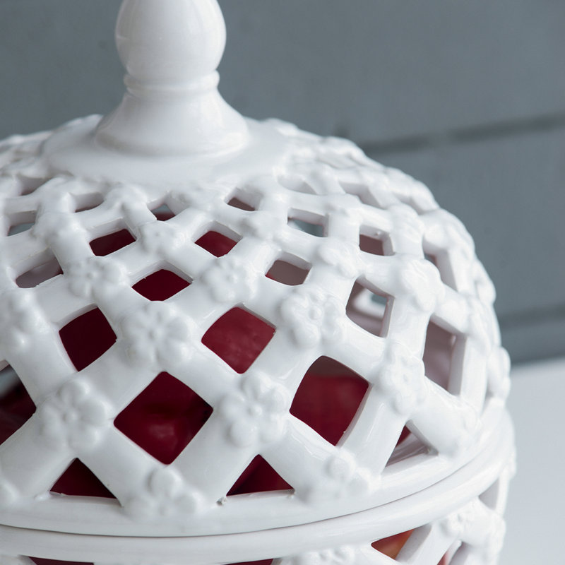 White Lattice Ginger Jar with Lid, Decorative Ceramic Storage Jar
