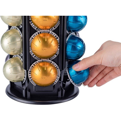 Nespresso Vertuo Pod Holder Carousel Stand With Storage Drawer - 80+ Capsule Capacity, 360-Degree Silent Rotation, Heavy-Duty Metal Construction, Modern Matte Black Design