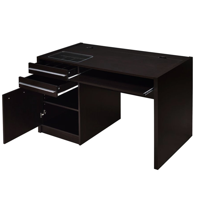 Office Desk In Cappuccino By Connect-it With Electrical Charging: Lift-top, Cord Management, Keyboard Tray, 2 Drawers, 1 Door Cabinet Clear Glass Charging Option: Lift-top Storage, Adjustable Shelf