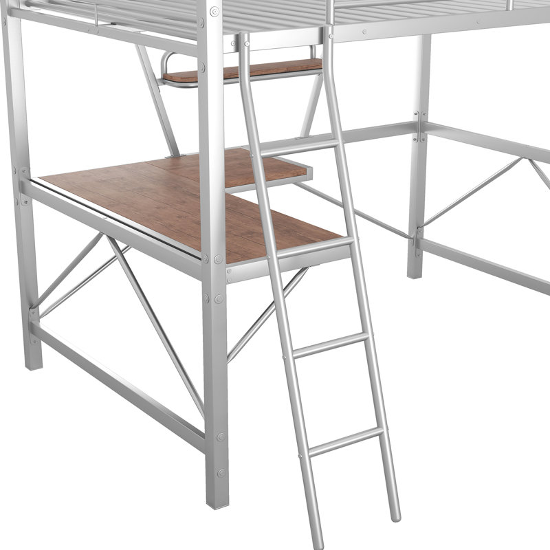Lit mezzanine en métal argenté avec bureau et tablette - sécuritaire pour la structure, sans sommier pour tablette, coffre-fort