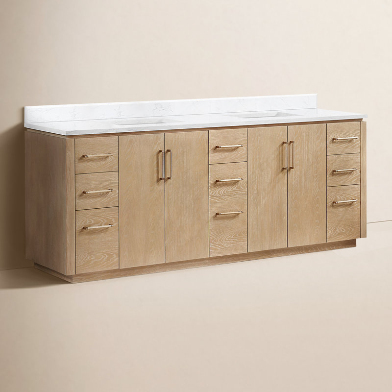 Meuble-lavabo double 84 po Cloverfield, Gris cendré délavé, Or