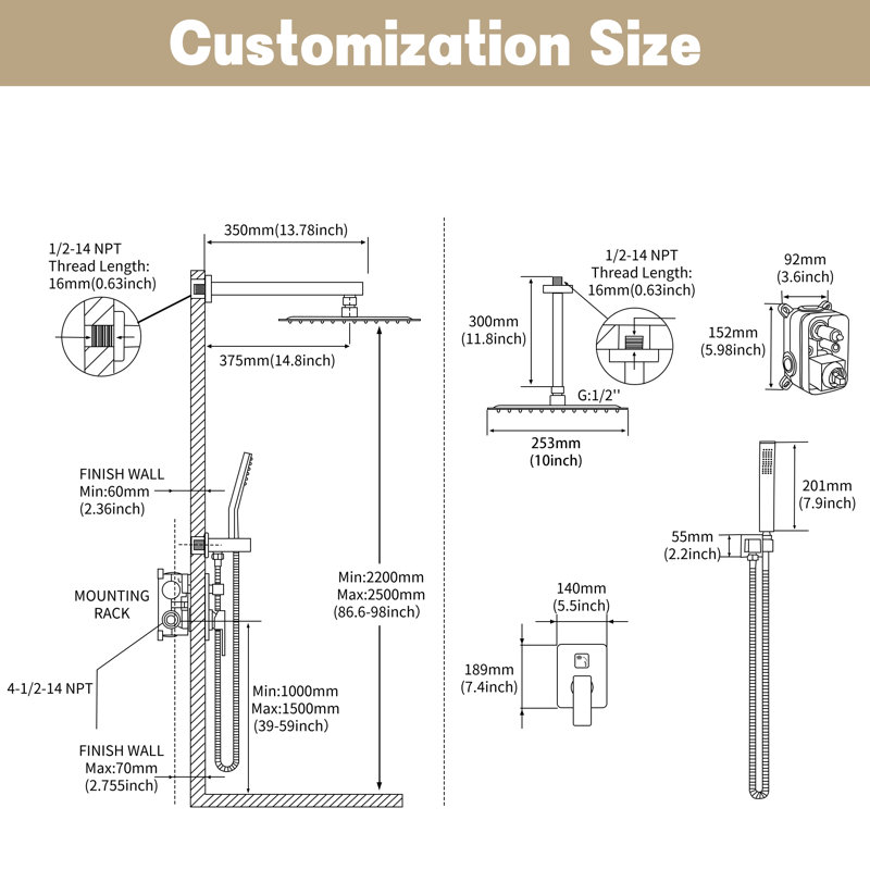 8000-10Inch Shower Faucet Shower System With 10 Inches Rain Shower Head And Handheld Spray, Polished Chrome