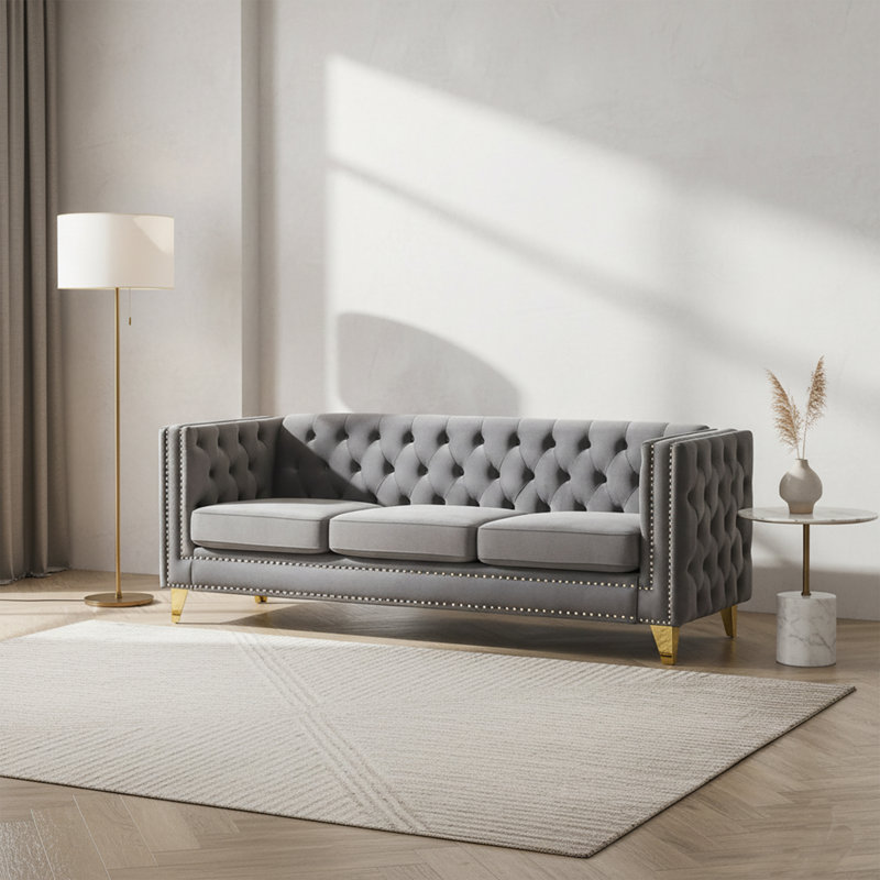 Chesterfield Velvet Sofa, Gray