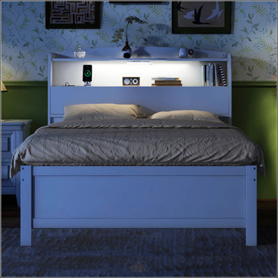 Full Size Wooden LED Platform Bed With Trundle