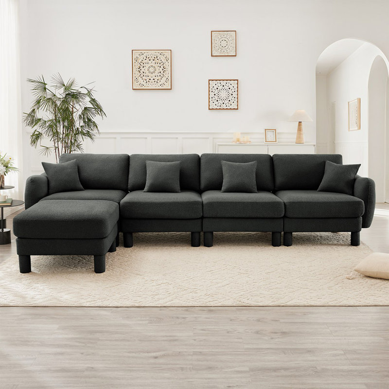 Boucle Fabric Convertible L Shape Sectional 4-Seater Sofa Couch With Distinctive Shell-Shaped Armrests And Removable Ottoman,Cylindrical Legs Wrapped With Self-Fabric
