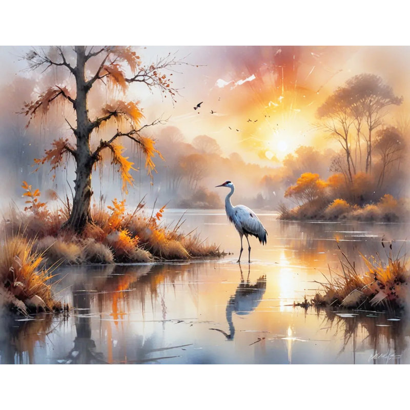 Toile tendue Golden Silence: Crane in Autumn Sunrise, H 24 po x l 36 po