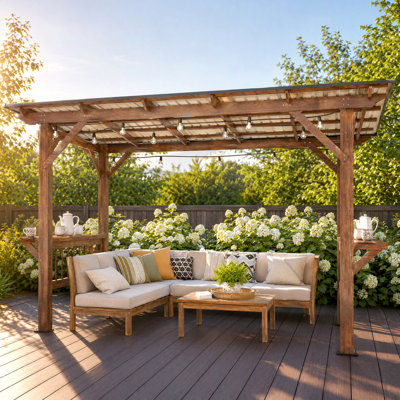 13' x 6.5' Wooden Grill Gazebo with Metal Roof, Bar Counters & String Lights, Outdoor BBQ Shelter for Patio & Backyard