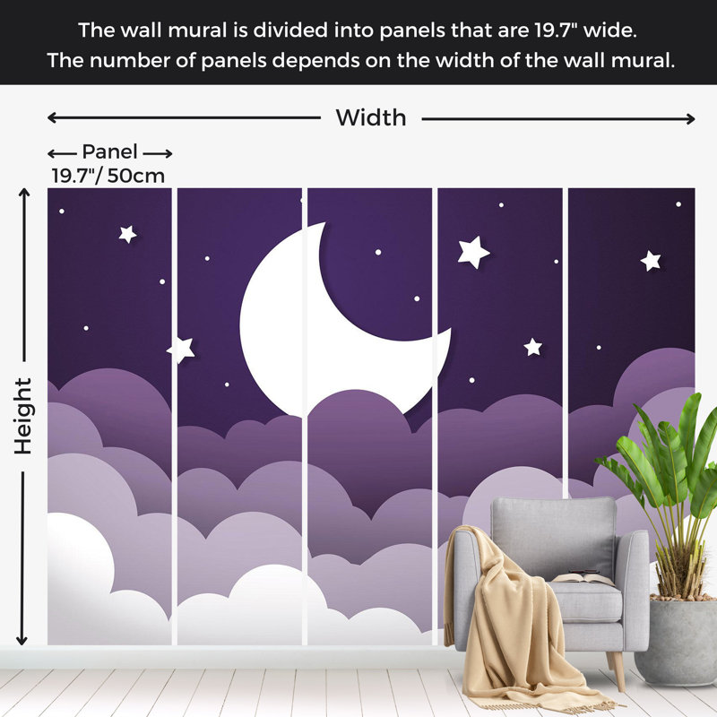 Papier peint pour enfants, lune abstraite mauve, L 124 po x l 177 po