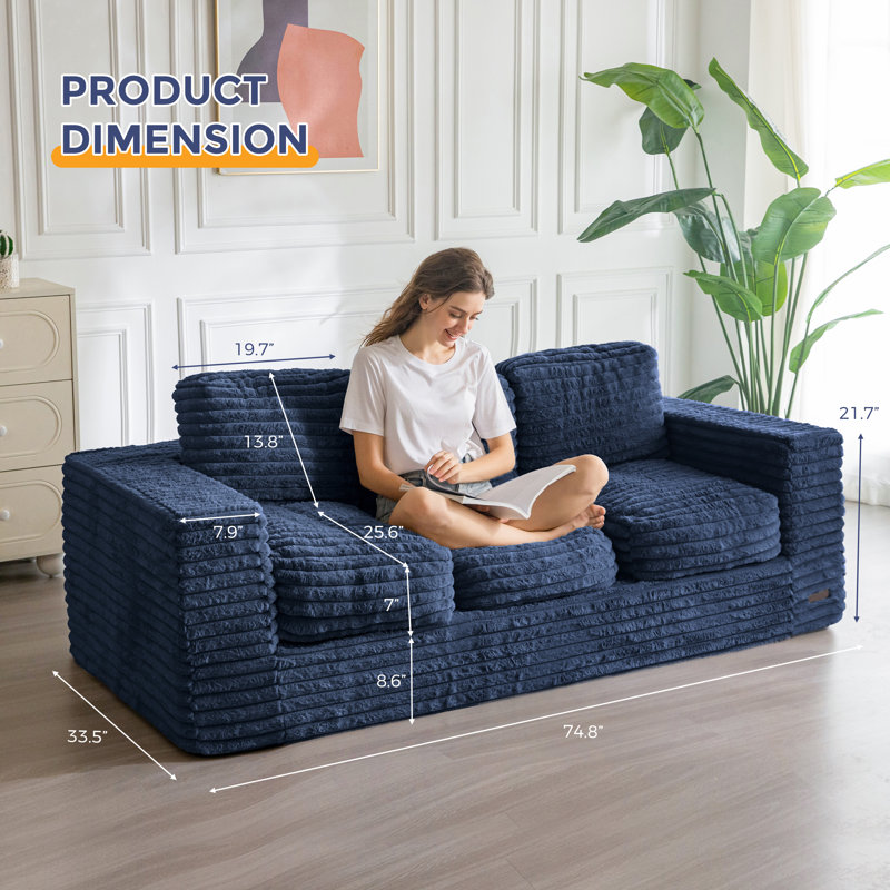 Canapé 75 po à 3 places avec coussins en fausse fourrure bleu marine, Similicuir bleu marine