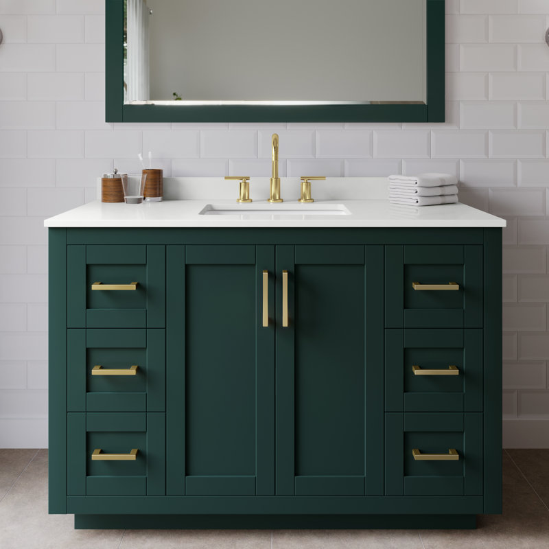 Miranda 48" Freestanding Single Bathroom Vanity with Quartz Top with 46" Mirror, White Quartz, Green, Brushed Gold