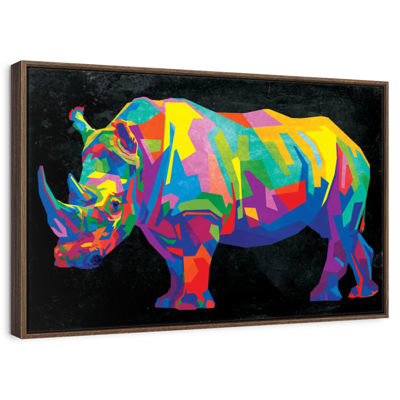 Rhinocéros couleur géométrique, Cadre flottant noyer, 31 po x 21 po