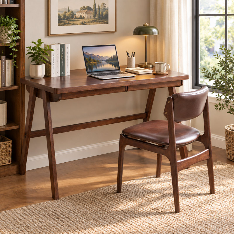 Ensemble de bureau en bois massif et chaise rembourrée en similicuir, bureau en noyer de 120 cm avec tiroir et chaise de salle à manger ergonomique sans accoudoirs, ensemble table et siège pour bureau à domicile