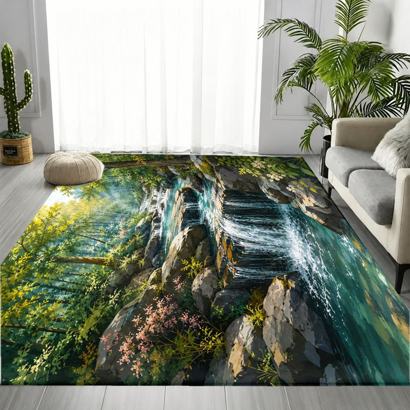 Tapis de paysage de forêt vibrante Serene Waterfall Forest, Rectangle 8 pi 2 po x 5 pi 11 po (250 x 180 cm)