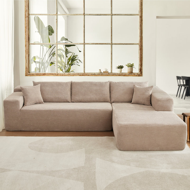 Natick Upholstered L-Shaped Sectional, Right Hand Facing, Beige Polyester