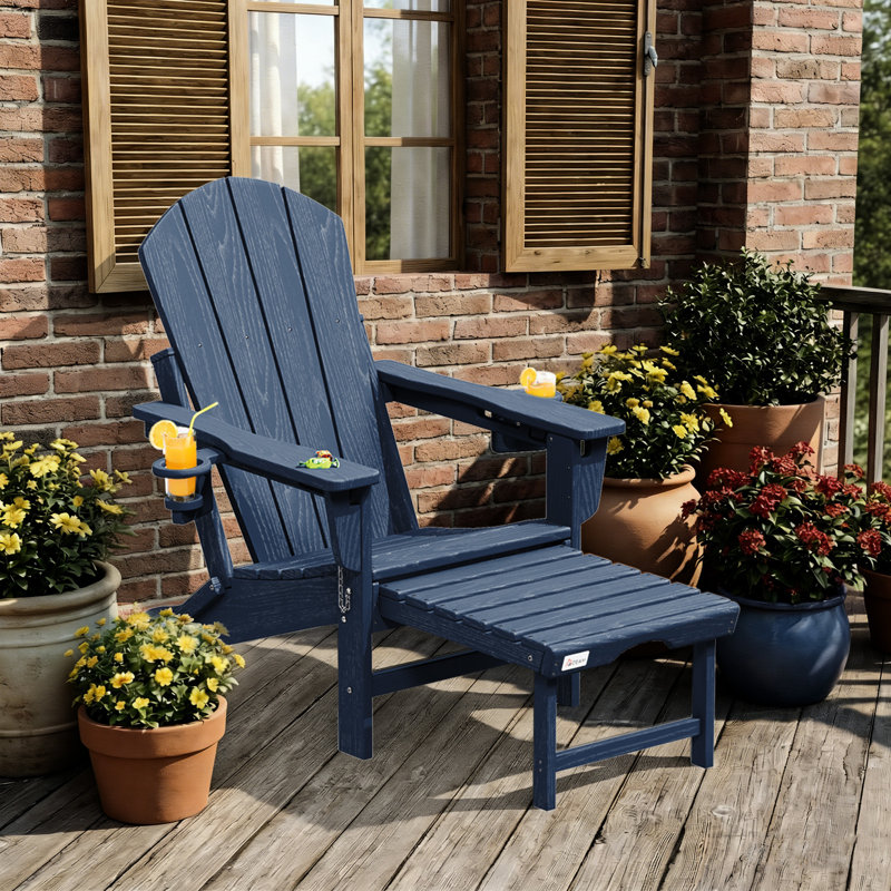 3-Level Adjustable Adirondack Chair with Retractable Ottoman and 2 Cup Holders, Folding All-Weather Outdoor Fire Pit Chair for Deck, Patio, Garden, and Backyard Use, Navy Blue