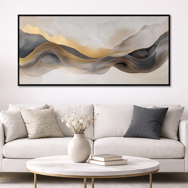 Impression sur toile encadrée or gris et or gris et vagues grises II - art mural moderne moderne, H 28 po x l 60 po
