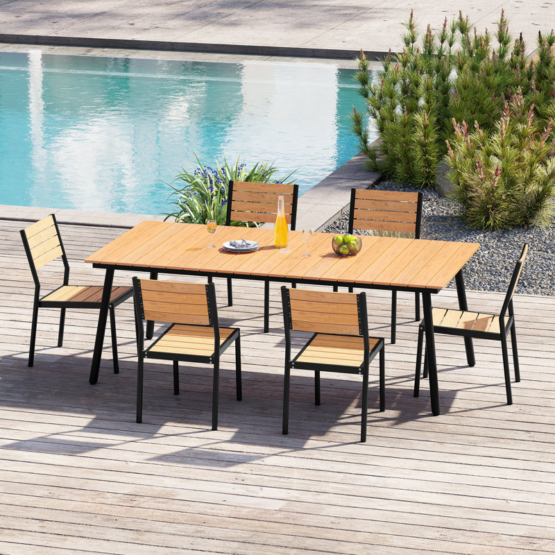 Ensemble repas pour 6 personnes en aluminium avec trou pour parasol et chaises empilables, Brun