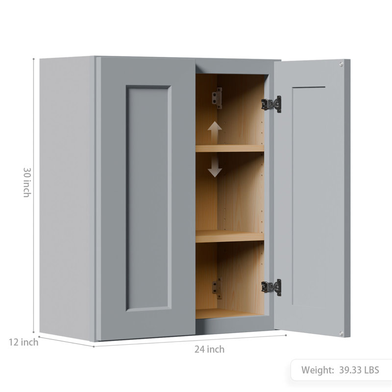 Gray Shaker Solid Wood Wall Cabinet With Soft-Close Doors, Adjustable Shelves - 24" Double Door Storage For Kitchen, Bathroom, Laundry, Garage (Easy Assembly, 24"W X 12"D X 30"H)