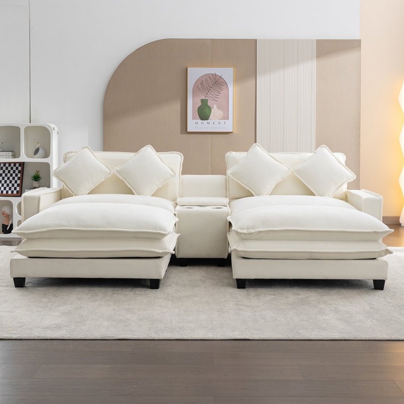 Canapé modulaire en chenille de 111 po avec deux repose-pieds amovibles, deux ports USB, deux porte-gobelets et une grande boîte de rangement pour le salon