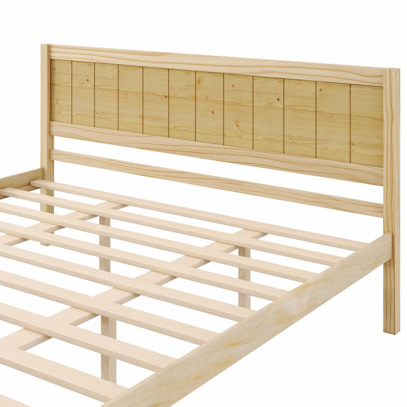 Structure de lit plateforme très grand avec tête de lit et support à lattes de bois, aucun sommier requis, naturel, Naturel