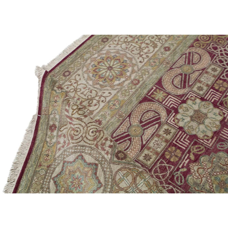 Tapis beige / rouge / bleu clair en laine noué à la main de conception unique 9 pi 1 po x 11 pi 11 po