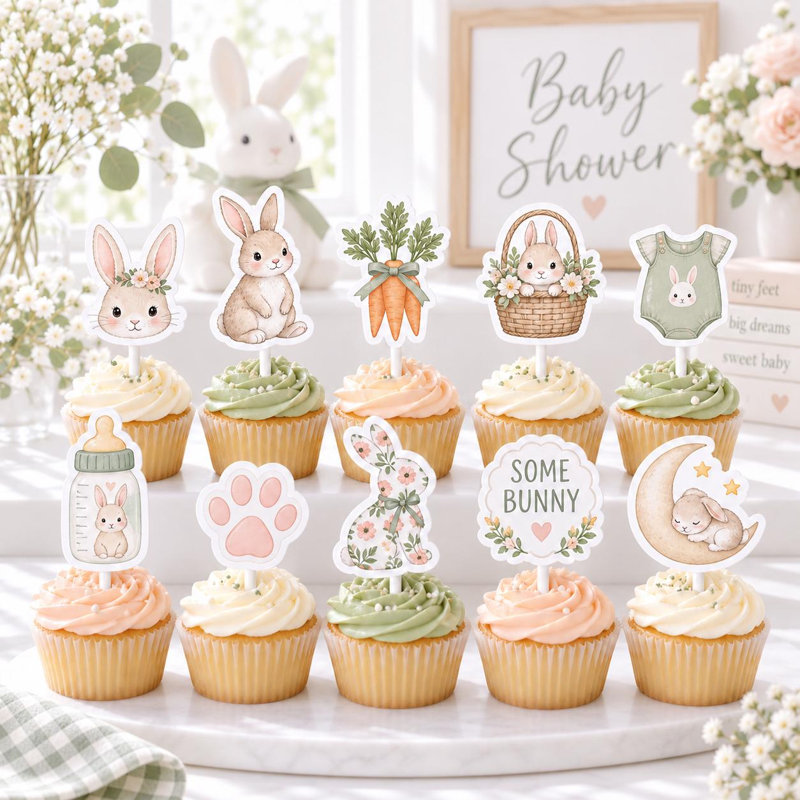 Décorations pour cupcakes lapin, 10 modèles uniques de cartes pour fête prénatale sur le thème du lapin