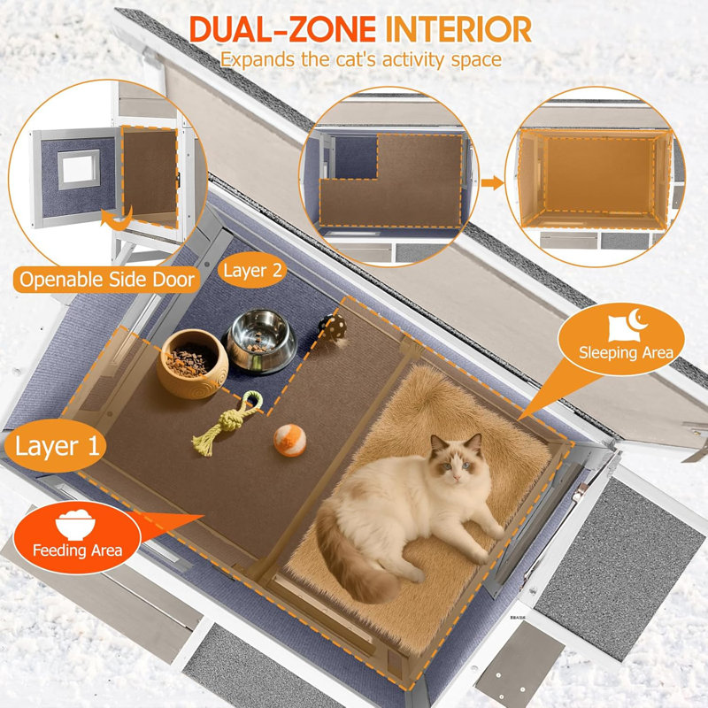 Abri pour chat isolé à deux étages avec plateforme, H 39,5 po x l 33,5 po x P 25,6 po