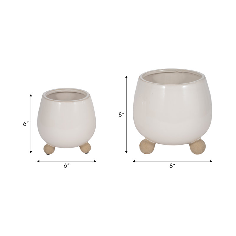 Ereka Stoneware and Ceramic Footed Round Planters with Triple Ball Base Design Set of 2, Ivory
