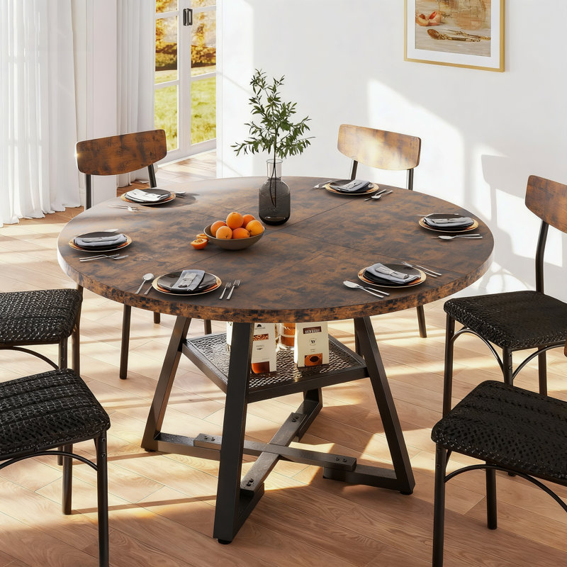 Round Dining Table Farmhouse Kitchen Table,Space Saving Dinner Table For Kitchen & Dining Room, Brown