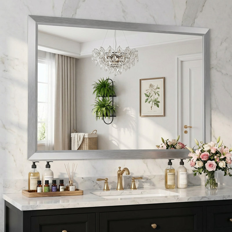 Miroir de salle de bain en verre trempé épais de haute qualité, Argent argent, 55 po x 36 po