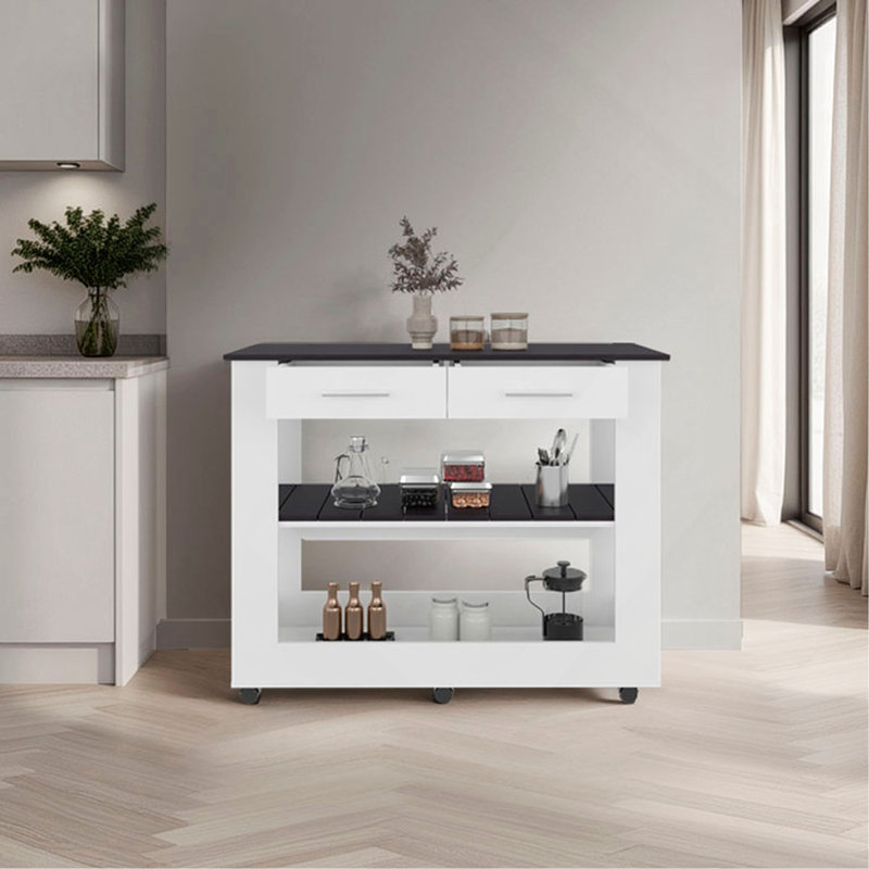 Kitchen Island, 2 Drawers, 6 Wheels, 2 Shelves, White / Black Wengue