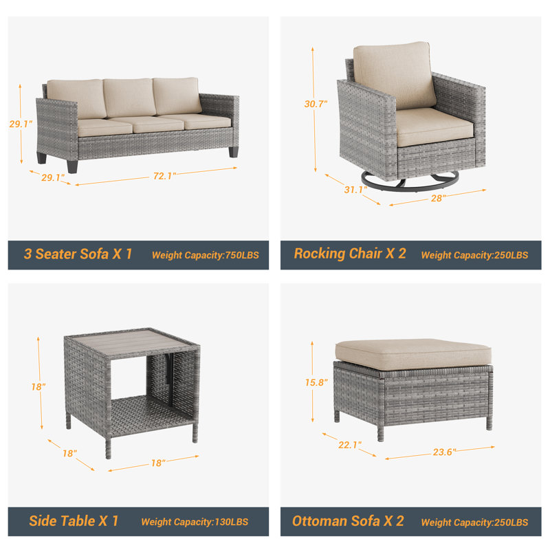 Patio Outdoor Furniture Set Rattan Coversation Seating Set Thickening Cushions With Swiveling Rocker, Gray, Beige