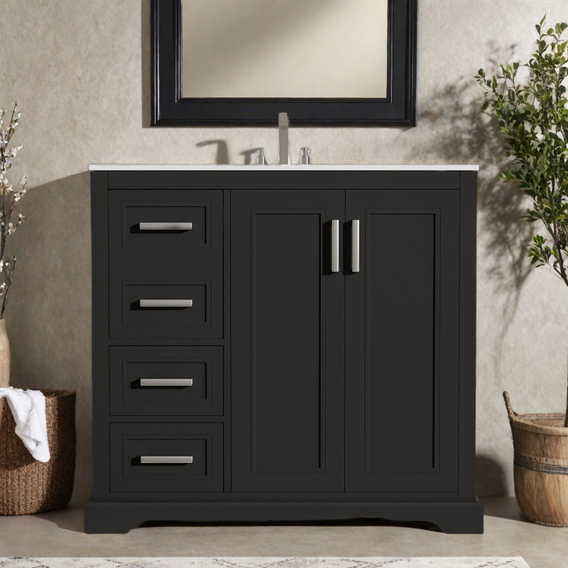 36" Bathroom Vanity Cabinet With Ceramic Top, Black
