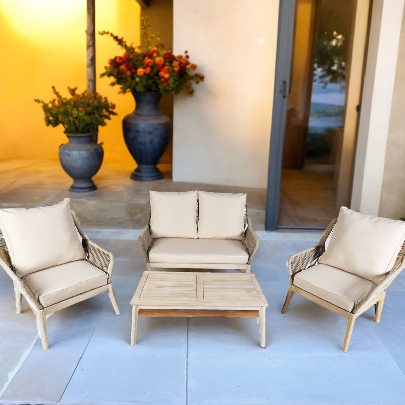Ensemble de conversation de patio 4 pièces en acacia avec coussins