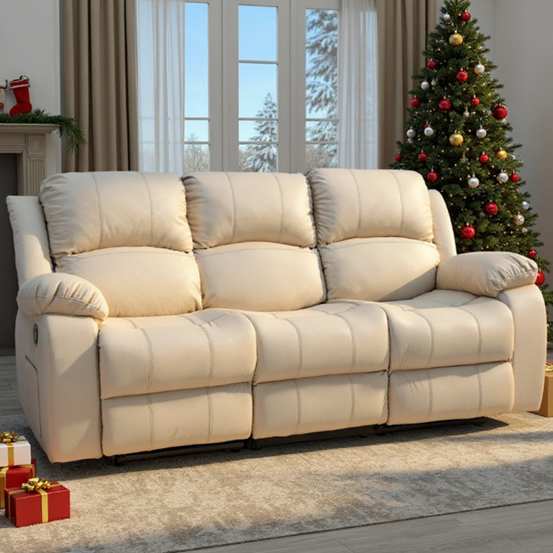 Faux Leather Recliner Sofa Set,Modern Manual Reclining Leather Sofa Set for Three People-Beige, Beige