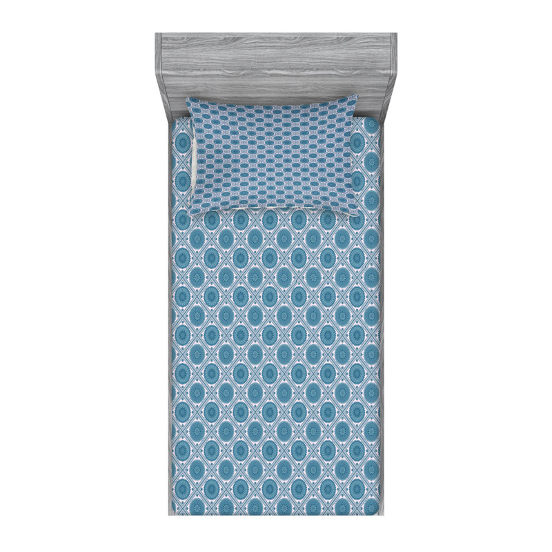 Microfiber Floral Fitted Sheet, Twin XL Sheet Set with Fitted Sheet, Dark Blue Geometric