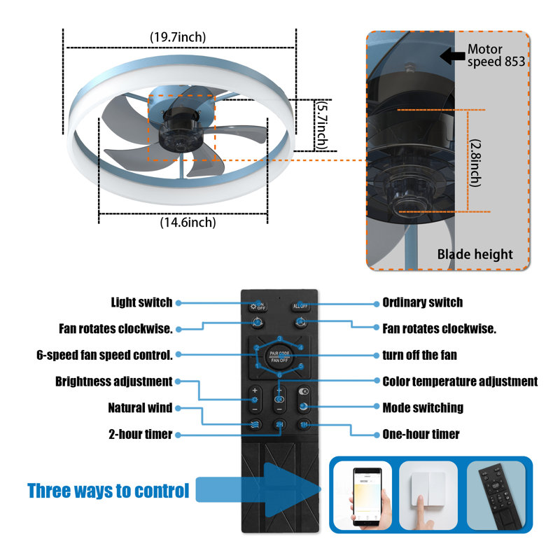 Ventilateurs de plafond minces modernes avec lumières, ventilateur de plafond à DEL à intensité variable avec télécommande, ventilateur de profil bas en ABS bleu pour le salon de la chambre à coucher