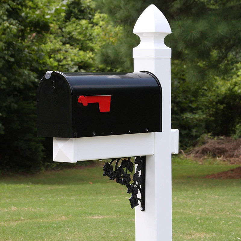 Classic Black Mailbox with White Vinyl Post and Decorative Features