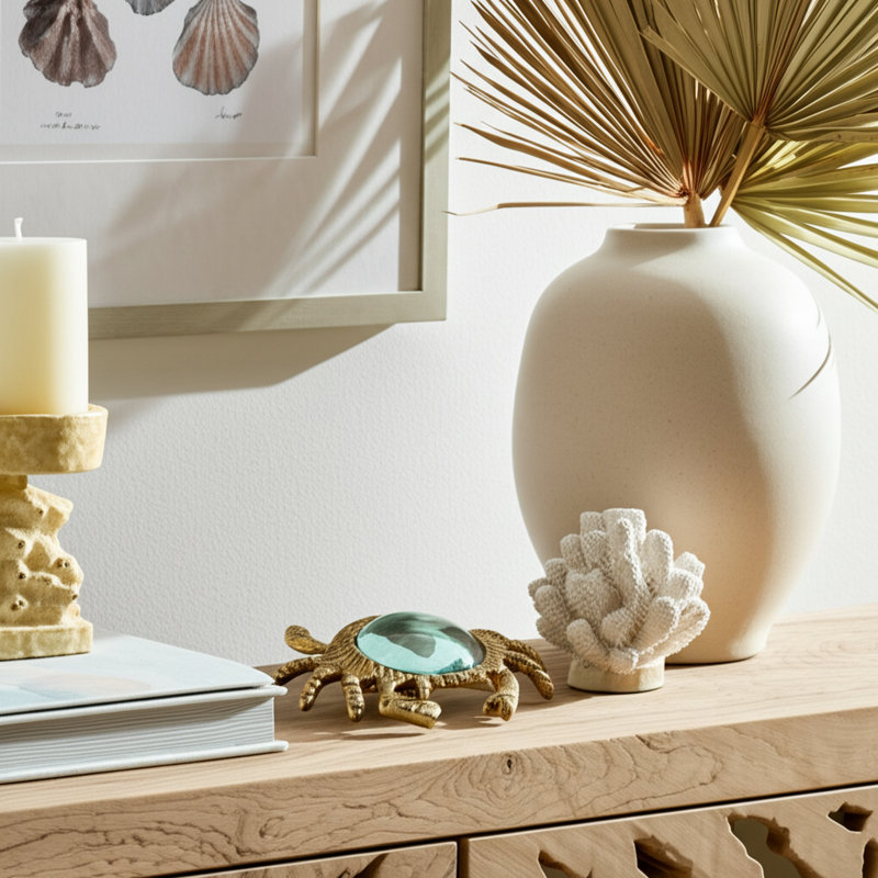 Metal Glass Aluminum Decorative Object Featuring Sculpted Crab Design and Clear Dome Accent for Coastal Trend Appeal, Gold